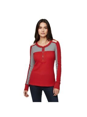 Vintage Free People Y2K Thermal Henley Top Red Colorblock Long Sleeve Size Large